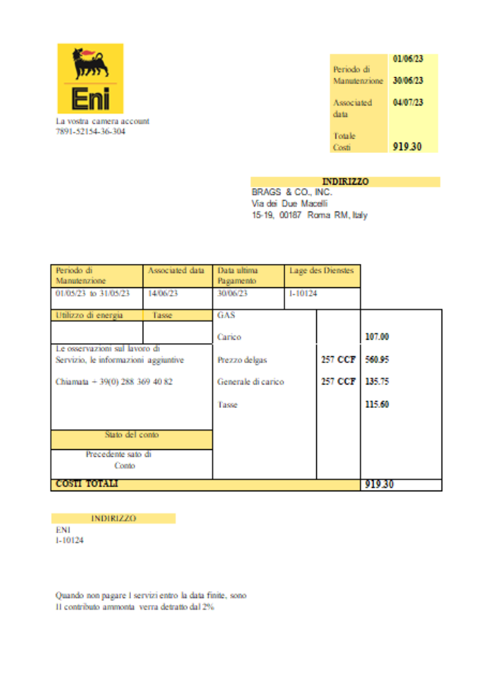 Download Italy Gas utility business bill,  SCR Photoshop template